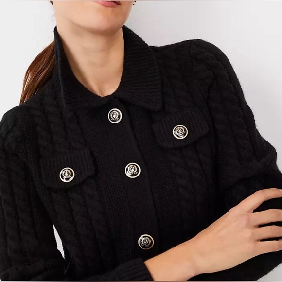 ANN TAYLOR Collared Cable Knet Sweater Black Jacket Size XL - Picture 3 of 13